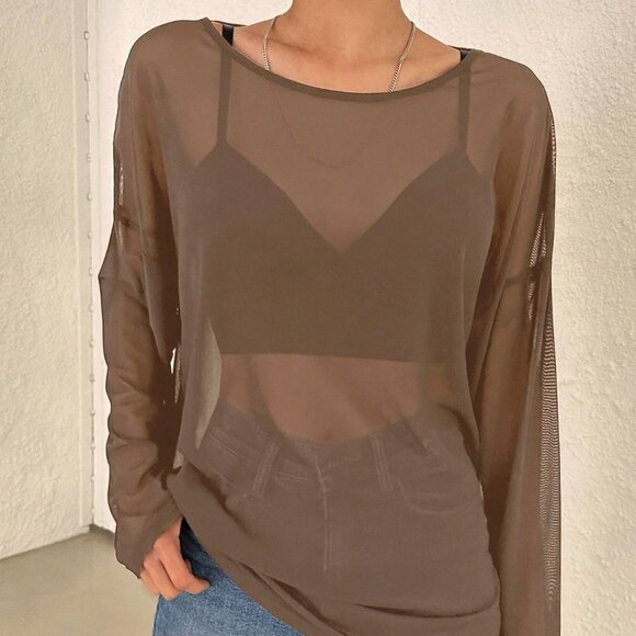 Brown Boho Women's Solid Color Loose Fit Long Sleeve Round Neck Lightwei… - Picture 3 of 4